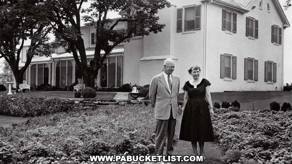 Black-and-white photo of Dwight and Mamie Eisenhower standing together in the garden behind their Gettysburg farmhouse at the Eisenhower National Historic Site.