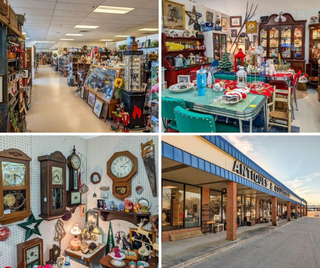 Collage of four images from Black Rose Antiques in Hanover, Pennsylvania, showing a long aisle of vendor booths filled with vintage items, a retro dining and holiday dรฉcor display, a wall of antique clocks and collectibles, and the exterior storefront with โAntiques & Collectiblesโ signage.