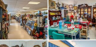 Collage of four images from Black Rose Antiques in Hanover, Pennsylvania, showing a long aisle of vendor booths filled with vintage items, a retro dining and holiday décor display, a wall of antique clocks and collectibles, and the exterior storefront with “Antiques & Collectibles” signage.