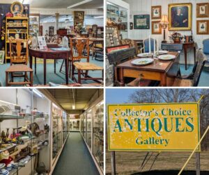 Four-photo collage featuring scenes from inside Collector’s Choice Antiques Gallery in New Oxford, Pennsylvania, showing vintage furniture and décor displays, a long aisle of glass antique cases, a set dining table vignette, and the yellow exterior sign for the antiques gallery.