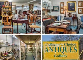 Four-photo collage featuring scenes from inside Collector’s Choice Antiques Gallery in New Oxford, Pennsylvania, showing vintage furniture and décor displays, a long aisle of glass antique cases, a set dining table vignette, and the yellow exterior sign for the antiques gallery.