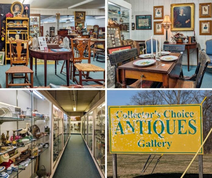 Exploring-Collectors-Choice-Antiques-Gallery-Adams-County-PA Four-photo collage featuring scenes from inside Collector’s Choice Antiques Gallery in New Oxford, Pennsylvania, showing vintage furniture and décor displays, a long aisle of glass antique cases, a set dining table vignette, and the yellow exterior sign for the antiques gallery.