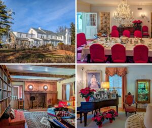 Collage featuring the Eisenhower farm’s white farmhouse exterior, the elegant dining room set for a formal meal, the cozy library with brick fireplace and bookshelves, and the family room showcasing a grand piano, portraits, and period décor inside the Eisenhower National Historic Site in Gettysburg.