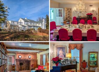 Exploring Eisenhower National Historic Site in Gettysburg Collage featuring the Eisenhower farm’s white farmhouse exterior, the elegant dining room set for a formal meal, the cozy library with brick fireplace and bookshelves, and the family room showcasing a grand piano, portraits, and period décor inside the Eisenhower National Historic Site in Gettysburg.