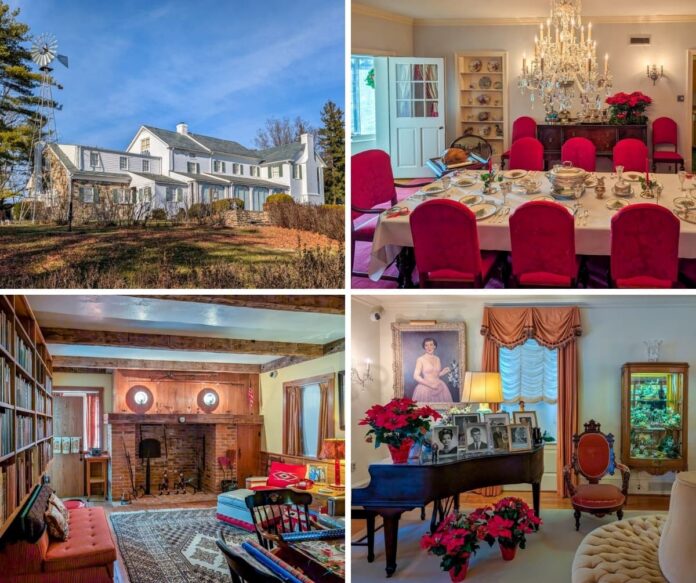 Collage featuring the Eisenhower farm’s white farmhouse exterior, the elegant dining room set for a formal meal, the cozy library with brick fireplace and bookshelves, and the family room showcasing a grand piano, portraits, and period décor inside the Eisenhower National Historic Site in Gettysburg.