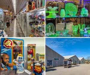 Collage of four scenes from Morning Sun Marketplace in York County, PA, featuring long aisles of collectibles in glass cases, a glowing selection of uranium glass antiques, vintage toys including Mr. T and Popeye figures, and the exterior of the large warehouse-style flea market buildings.