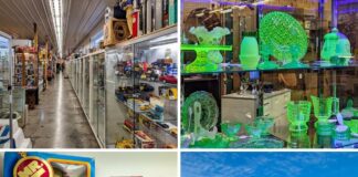 Collage of four scenes from Morning Sun Marketplace in York County, PA, featuring long aisles of collectibles in glass cases, a glowing selection of uranium glass antiques, vintage toys including Mr. T and Popeye figures, and the exterior of the large warehouse-style flea market buildings.