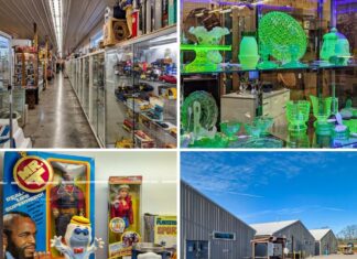 Collage of four scenes from Morning Sun Marketplace in York County, PA, featuring long aisles of collectibles in glass cases, a glowing selection of uranium glass antiques, vintage toys including Mr. T and Popeye figures, and the exterior of the large warehouse-style flea market buildings.