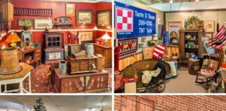 Collage of four photos showcasing Zelma’s Emporium, featuring interior vendor booths filled with primitives and Americana, glass display cases lining wide aisles, vintage advertising and home decor displays, and the exterior brick building with the hanging Zelma’s Emporium Antiques & Decor sign in Adams County, Pennsylvania.