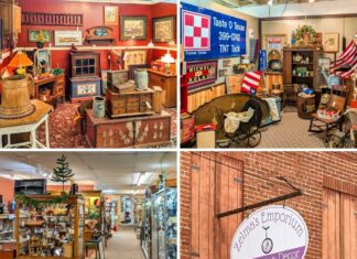 Collage of four photos showcasing Zelma’s Emporium, featuring interior vendor booths filled with primitives and Americana, glass display cases lining wide aisles, vintage advertising and home decor displays, and the exterior brick building with the hanging Zelma’s Emporium Antiques & Decor sign in Adams County, Pennsylvania.