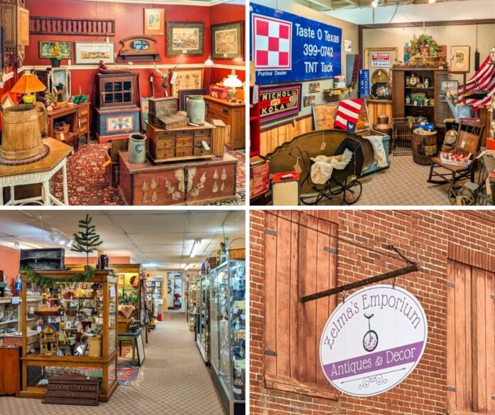 Collage of four photos showcasing Zelma’s Emporium, featuring interior vendor booths filled with primitives and Americana, glass display cases lining wide aisles, vintage advertising and home decor displays, and the exterior brick building with the hanging Zelma’s Emporium Antiques & Decor sign in Adams County, Pennsylvania.