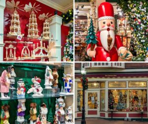 Collage of scenes from The Christmas Haus in Gettysburg featuring German-made wooden Christmas pyramids, Old World Santa figurines, a giant smoker Santa inside the shop, and the festive storefront decorated for the holiday season.