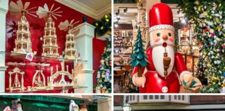 Collage of scenes from The Christmas Haus in Gettysburg featuring German-made wooden Christmas pyramids, Old World Santa figurines, a giant smoker Santa inside the shop, and the festive storefront decorated for the holiday season.