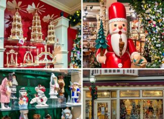 Collage of scenes from The Christmas Haus in Gettysburg featuring German-made wooden Christmas pyramids, Old World Santa figurines, a giant smoker Santa inside the shop, and the festive storefront decorated for the holiday season.