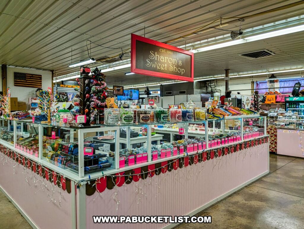 Colorful candy counter at Sharon’s Sweet Shop inside Morning Sun Marketplace in York County, PA, featuring glass display cases filled with chocolates, gummies, lollipops, and assorted sweets beneath a hanging sign and surrounded by festive décor.