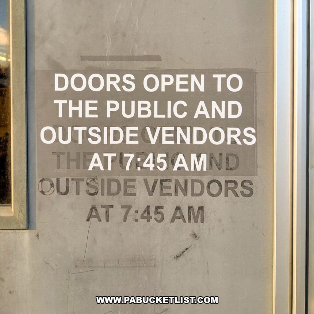 Sign on a glass door at Morning Sun Marketplace in York County, PA, stating that doors open to the public and outside vendors at 7:45 AM.
