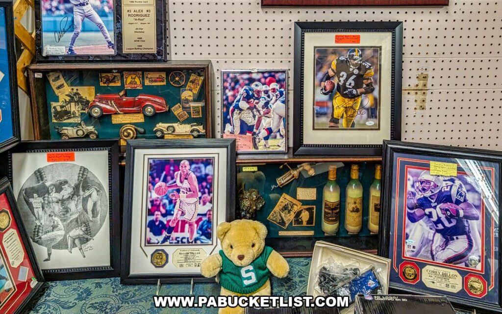 Sports memorabilia display at Morning Sun Marketplace in York County, PA, featuring framed autographed photos, collectible vintage items, and a plush bear wearing a green jersey.