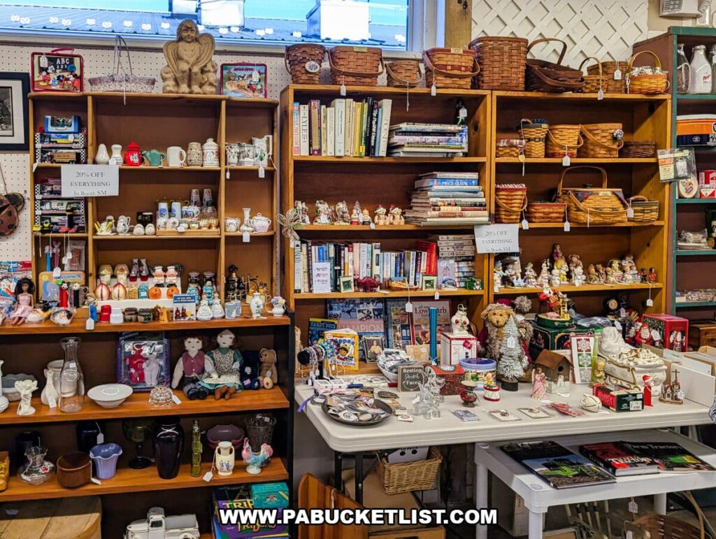 Shelves and tables filled with vintage collectibles at Morning Sun Marketplace in York County, PA, including Longaberger-style baskets, books, figurines, dolls, glassware, and assorted home décor.