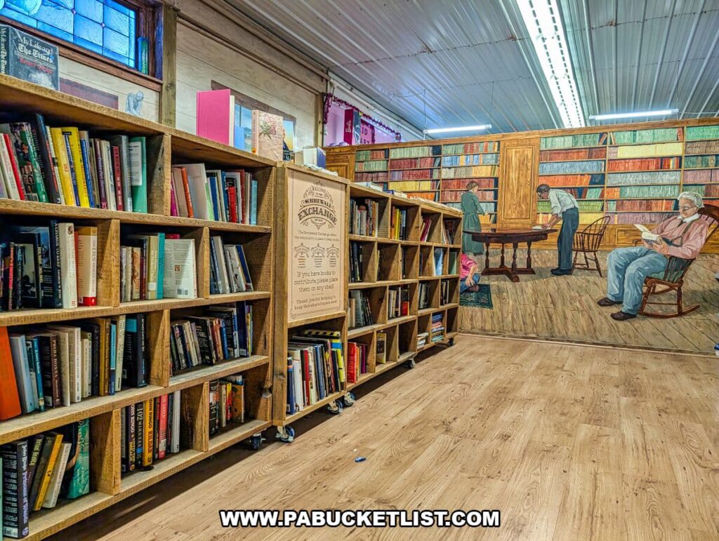 Book vendor area at Morning Sun Marketplace in York County, PA, featuring rows of wooden bookshelves filled with used books and a painted mural of people reading in a library setting.