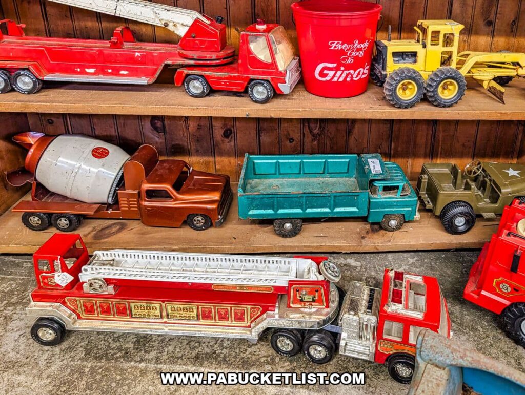 Vintage toy trucks and construction vehicles on display at Morning Sun Marketplace in York County, PA, including metal fire engines, dump trucks, and a cement mixer arranged on wooden shelves.