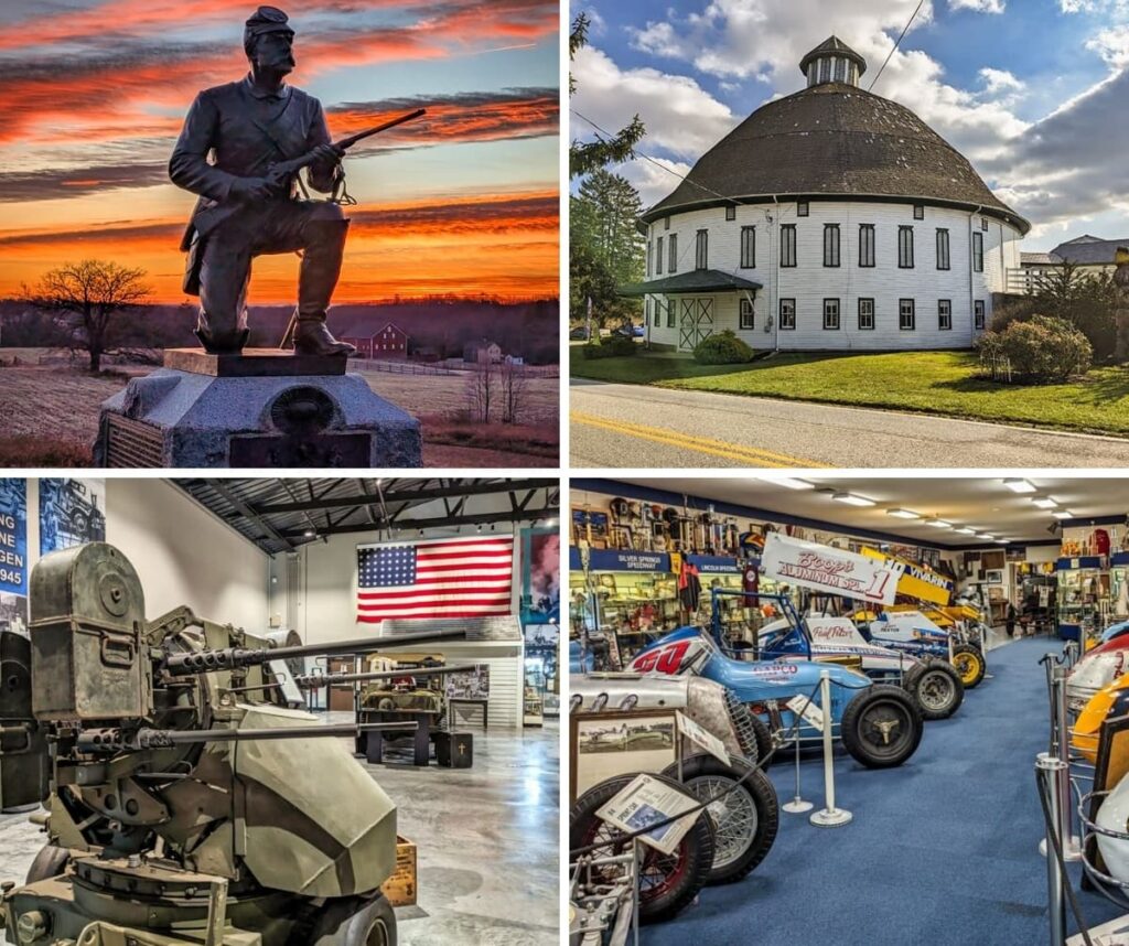 A collage of scenes from Adams County, PA including the Gettysburg National Military Park, the Round Barn, the World War II American Experience Museum, and the Eastern Museum of Motor Racing.