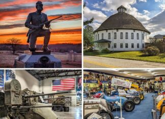 A collage of scenes from Adams County, PA including the Gettysburg National Military Park, the Round Barn, the World War II American Experience Museum, and the Eastern Museum of Motor Racing.