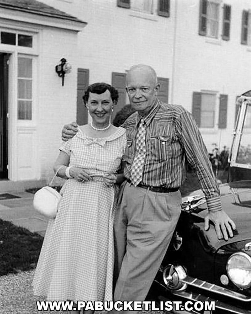 Black-and-white photo of Dwight D. Eisenhower and Mamie Eisenhower smiling beside a classic car in front of their Gettysburg farmhouse at the Eisenhower National Historic Site.