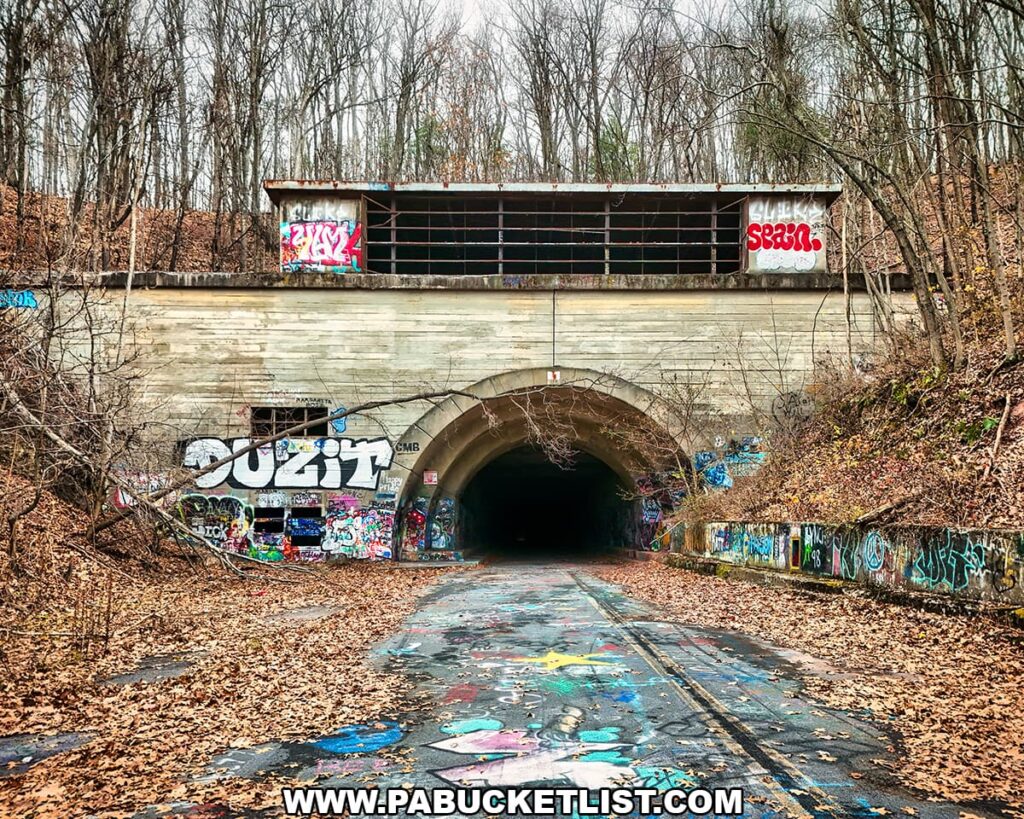 Graffiti-covered entrance to Rays Hill Tunnel on the Abandoned PA Turnpike, with colorful artwork lining the weathered concrete portal and leaf-strewn pavement leading into the dark tunnel along this 8.5-mile former Turnpike corridor in Bedford and Fulton counties.