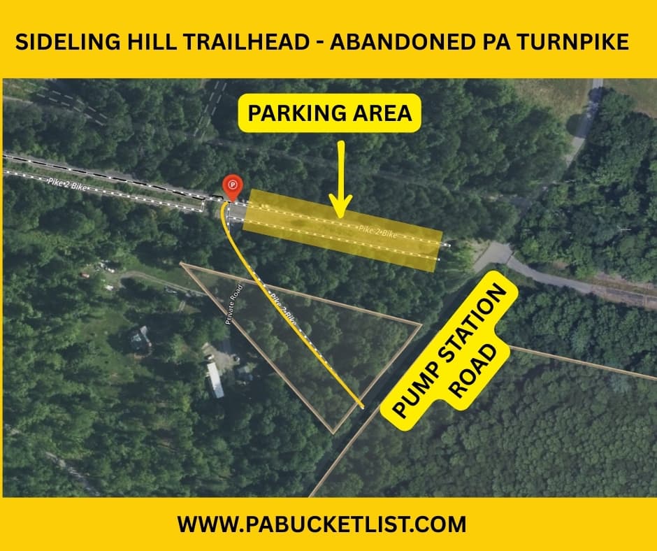 Aerial map highlighting the Sideling Hill Trailhead for the Abandoned PA Turnpike, showing the designated parking area along the old roadway and its connection to Pump Station Road at the eastern access point to the 8.5-mile former Turnpike corridor in Bedford and Fulton counties.