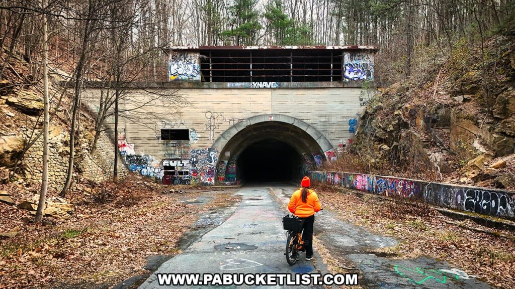 A person in an orange jacket stands beside an orange bicycle on the cracked pavement leading to the graffiti-covered entrance of Sideling Hill Tunnel, surrounded by rocky hillsides and bare winter trees along the 8.5-mile Abandoned PA Turnpike in Bedford and Fulton counties.