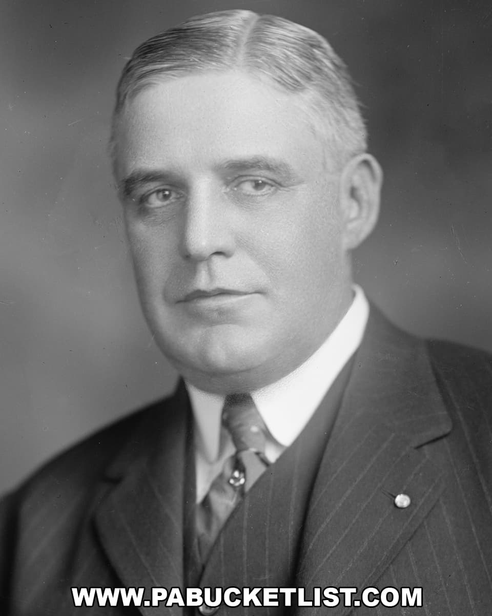 A black-and-white portrait of former Pennsylvania Governor William Sproul, dressed in a dark pinstriped suit, white shirt, and patterned tie, looking directly at the camera; Sproul is the namesake of Pennsylvania’s Sproul State Forest.