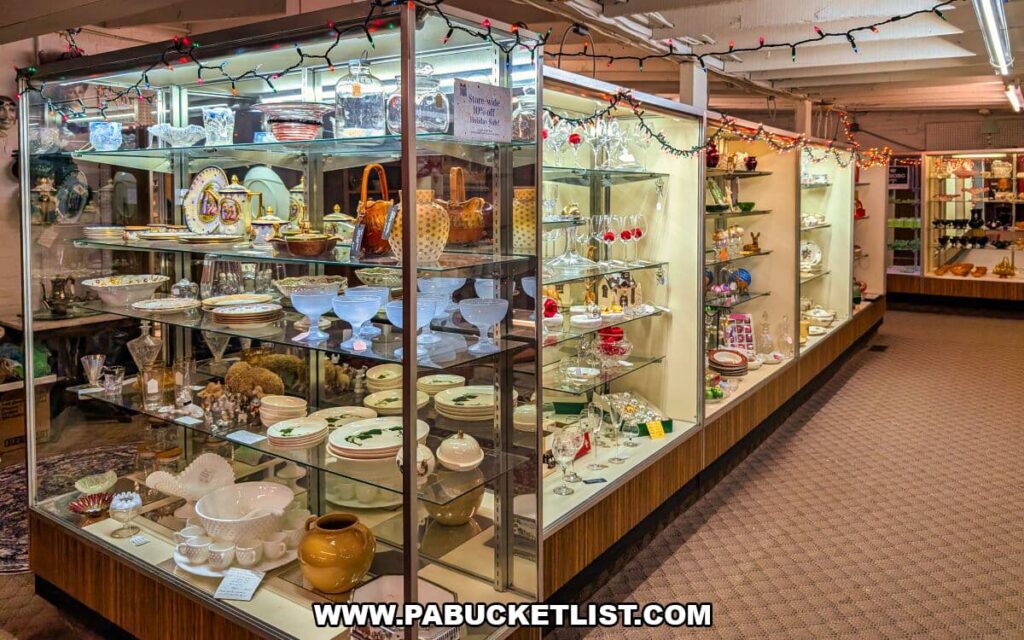 Glass display cases filled with vintage glassware, china, and decorative antiques line an aisle on the second floor of Zelma’s Emporium, showcasing curated collections from multiple vendors in a warmly lit antique mall in Adams County, Pennsylvania.