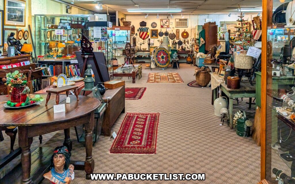 Wide interior view of Zelma’s Emporium showing ground-floor antique vendor booths filled with primitive furniture, Americana, vintage decor, rugs, and collectibles arranged along a central aisle inside the two-story antique mall in Adams County, Pennsylvania.