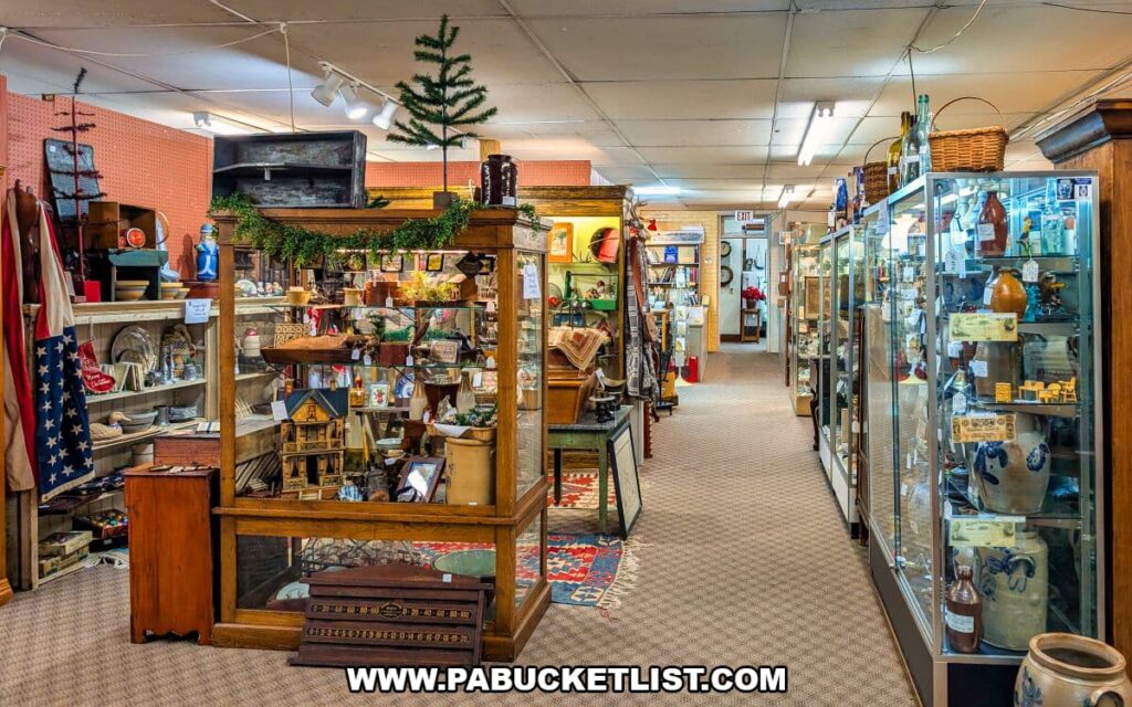 Interior view of Zelma’s Emporium featuring ground-floor vendor booths with glass display cases, primitive furniture, Americana textiles, and vintage home decor lining a wide aisle inside the two-story antique mall in Adams County, Pennsylvania.