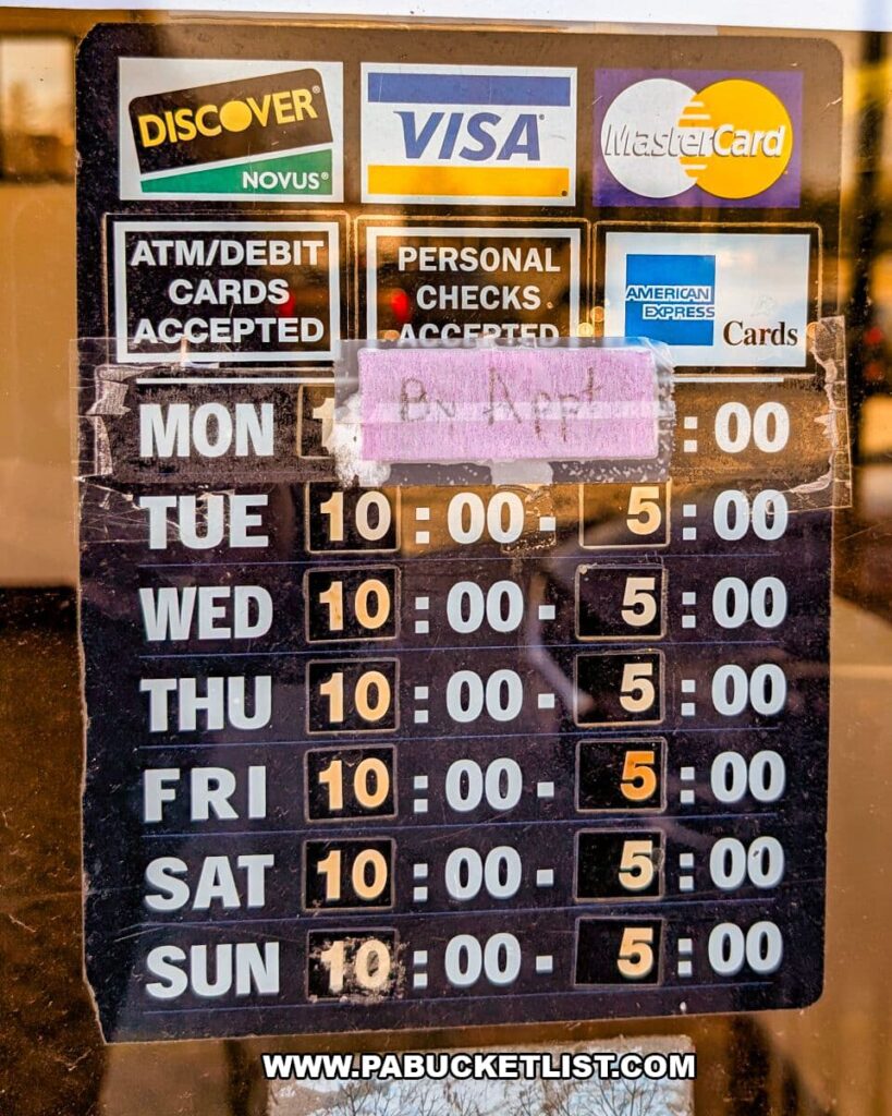 Close-up of a window sign at Zelma’s Emporium listing accepted credit cards and daily hours of operation, showing the antique mall is open from 10 a.m. to 5 p.m. each day in Adams County, Pennsylvania.
