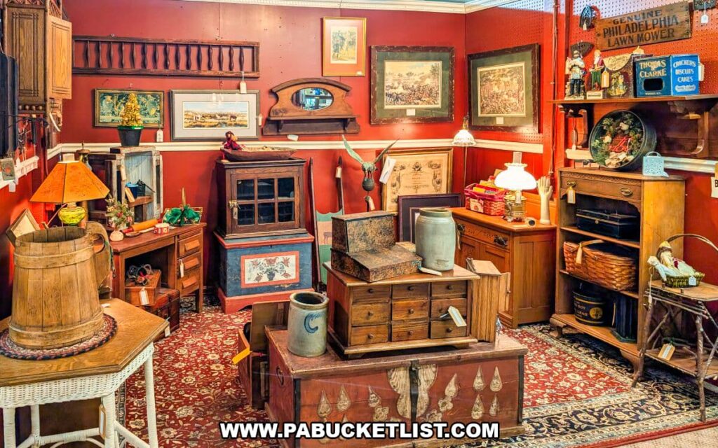 Vendor booth at Zelma’s Emporium filled with primitive wooden chests, crocks, vintage furniture, framed artwork, and Americana home decor arranged in a cozy, old-fashioned display inside the two-story antique mall in Adams County, Pennsylvania.
