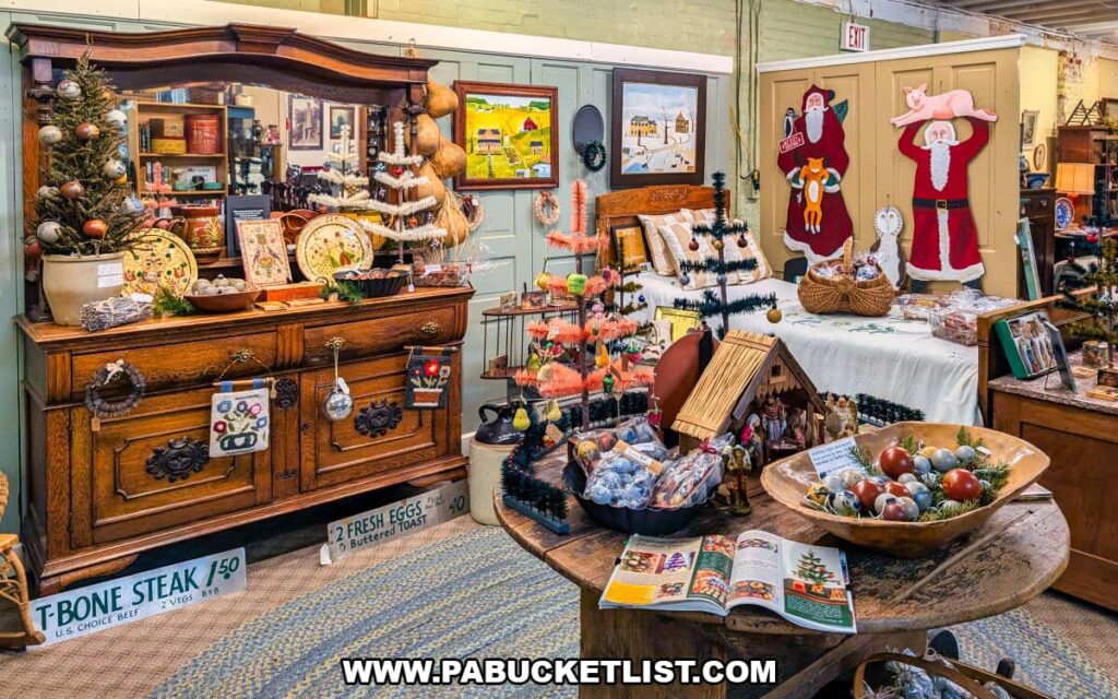 Festive antique display at Zelma’s Emporium featuring vintage Christmas decorations, feather trees, folk art Santas, primitives, and antique furniture arranged in a holiday-themed vendor booth inside the two-story antique mall in Adams County, Pennsylvania.