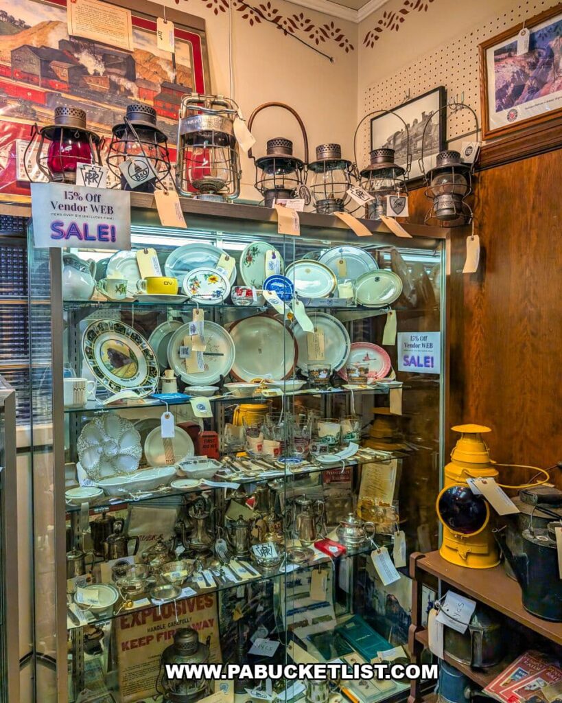 Glass display case at Zelma’s Emporium filled with vintage railroad lanterns, antique dishes, silverware, and small collectibles, with framed historical prints and Americana accents decorating the booth inside the two-story antique mall in Adams County, Pennsylvania.