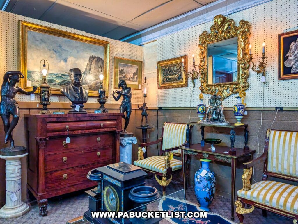 Elegant antique display at Zelma’s Emporium featuring ornate gold-framed mirrors, classical statues, vintage lamps, upholstered chairs, and fine furniture arranged in a curated vendor booth inside the two-story antique mall in Adams County, Pennsylvania.