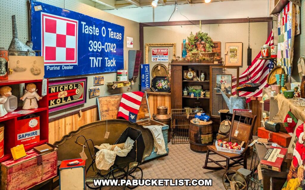 Americana-themed vendor booth at Zelma’s Emporium showcasing vintage advertising signs, patriotic decor, primitive furniture, antique boxes, and nostalgic household items arranged in a colorful display inside the two-story antique mall in Adams County, Pennsylvania.