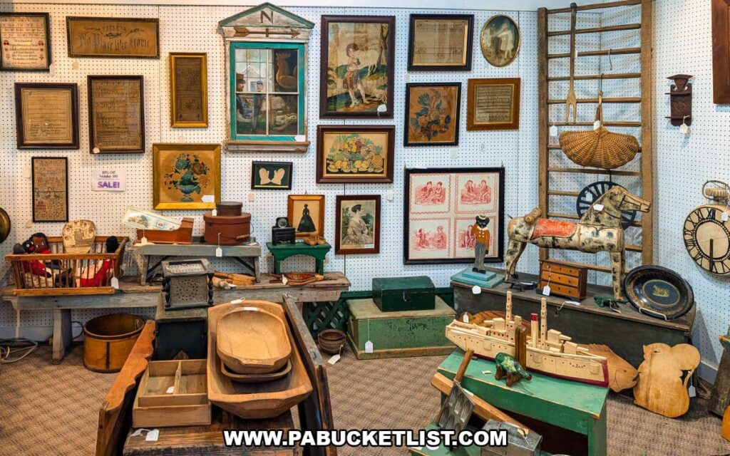 Primitive Americana display at Zelma’s Emporium featuring antique wall art, framed folk prints, wooden tools, baskets, and early household items arranged in a rustic vendor booth inside the two-story antique mall in Adams County, Pennsylvania.