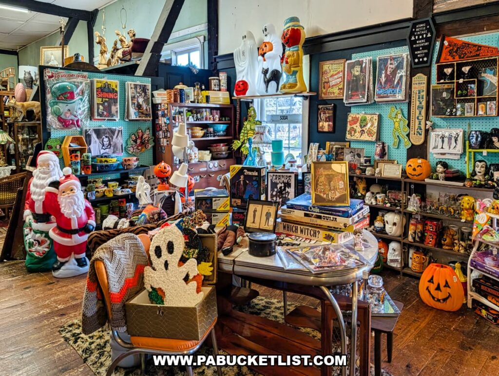 Interior display at American Daydream Antiques in York County, Pennsylvania, showcasing a dense mix of vintage Halloween and Christmas decor, horror memorabilia, Ouija boards, retro toys, VHS tapes, books, advertising art, and collectible curios arranged throughout a multi-vendor antique shop on worn wooden floors