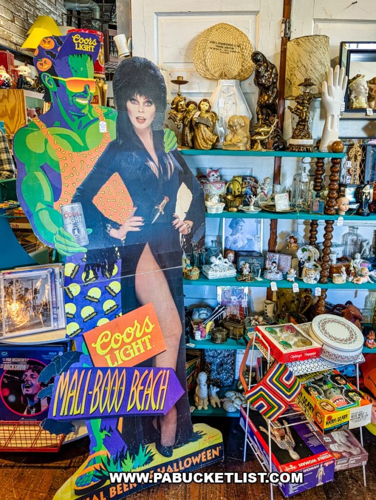 Display inside American Daydream Antiques in York County, Pennsylvania, featuring a life-size vintage Elvira cardboard cutout surrounded by shelves of small antiques, figurines, advertising memorabilia, vinyl records, VHS tapes, and retro collectibles in a multi-vendor antique store