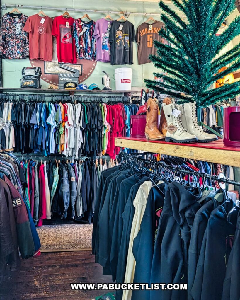 Clothing section inside American Daydream Antiques in York County, Pennsylvania, featuring racks of vintage jackets, hoodies, and graphic T-shirts, with retro boots and accessories displayed above in a multi-vendor antique store setting