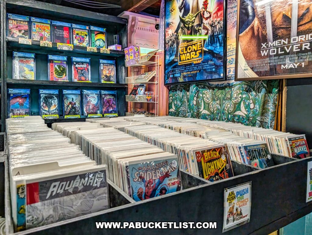 Comic book section inside American Daydream Antiques in York County, Pennsylvania, featuring rows of vintage and modern comics in bins, graded issues on display, and pop culture posters lining the walls in a multi-vendor antique store