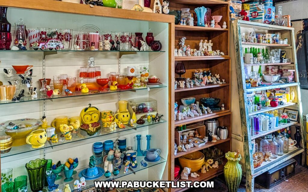 Glass display cases inside American Daydream Antiques in York County, Pennsylvania, showcasing colorful vintage glassware, novelty mugs, ceramic figurines, mid-century decor, and small collectibles arranged across multiple vendor shelves