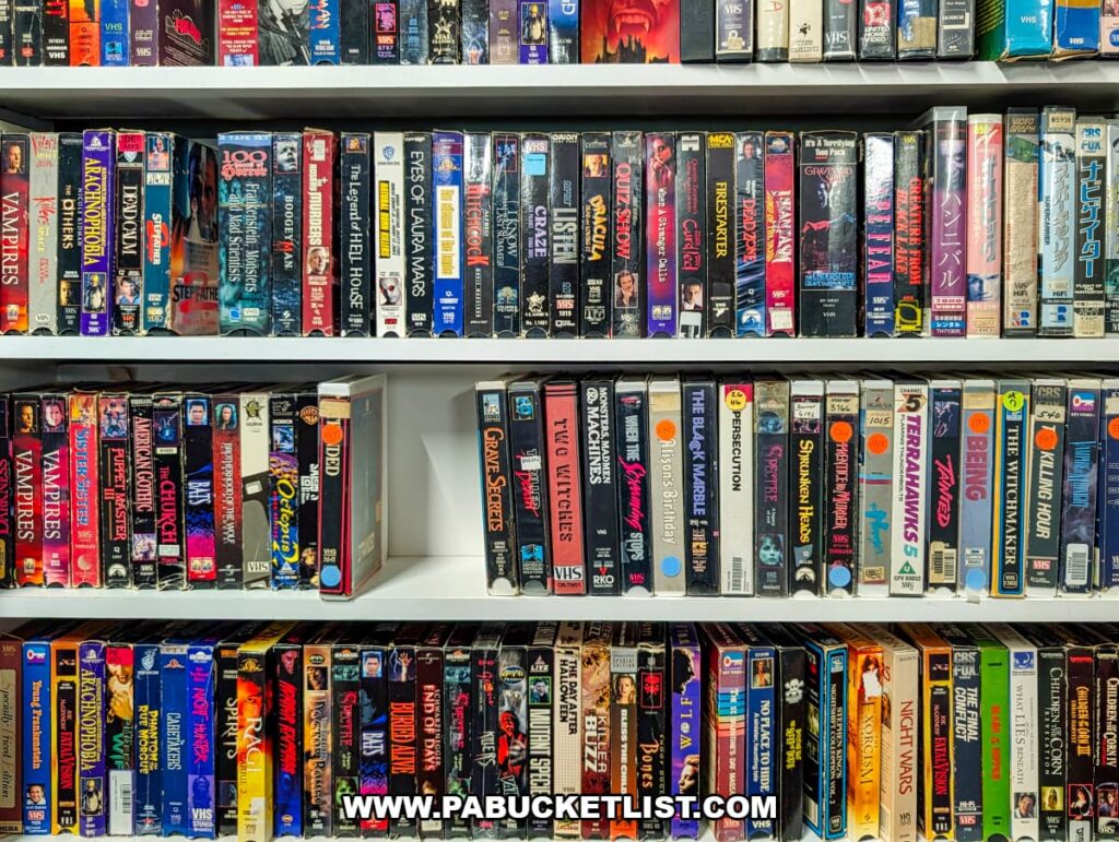 Shelves inside American Daydream Antiques in York County, Pennsylvania, packed with vintage VHS tapes featuring classic horror, sci-fi, and cult films, with colorful spine artwork and price stickers lining a dedicated media section of the multi-vendor antique store