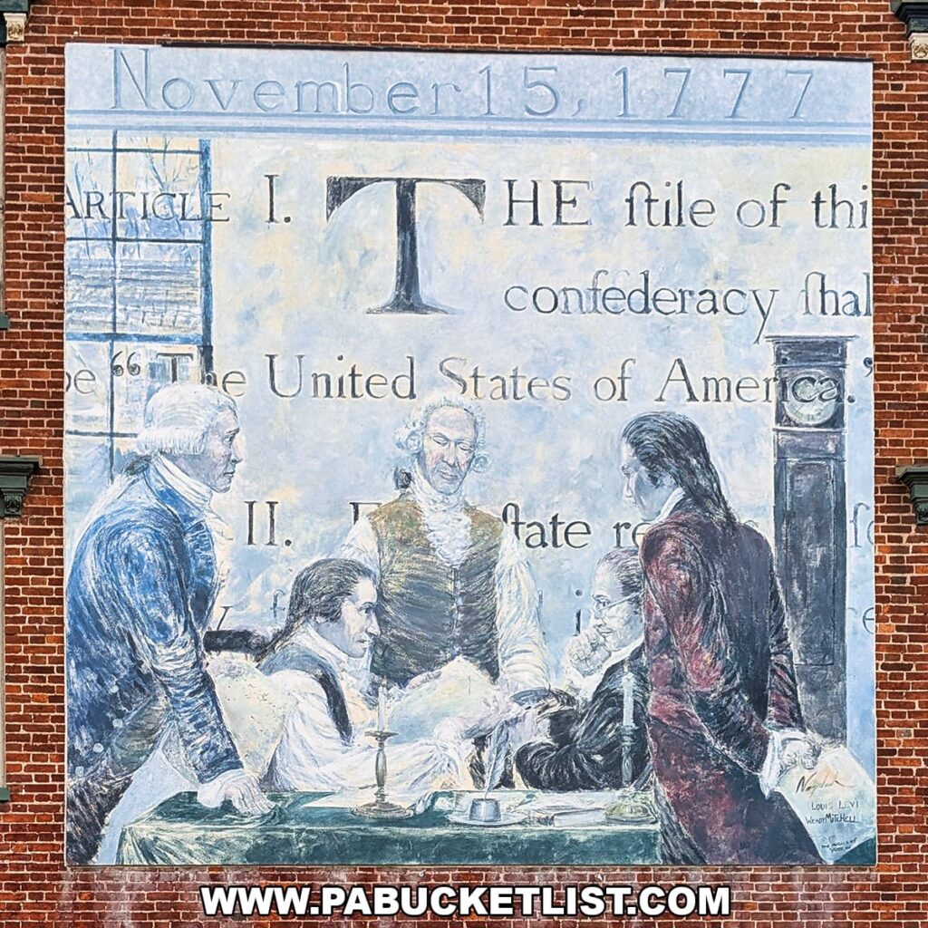 Mural on a brick building in York County, Pennsylvania depicting the 1777 signing of the Articles of Confederation, with Founding Fathers gathered around a table and the date โNovember 15, 1777โ painted above them.