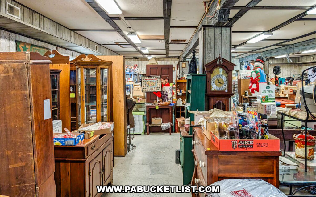 An interior view of Black Shutter Antiques in New Oxford, Pennsylvania, showcasing wooden curio cabinets, antique clocks, dressers, and assorted collectibles arranged throughout the multi-vendor antique store