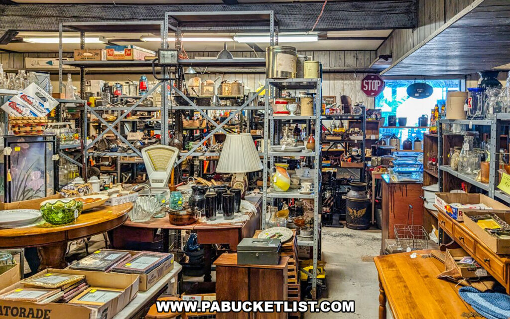 An interior scene at Black Shutter Antiques in New Oxford, Pennsylvania, showing tables and shelving filled with vintage lamps, glassware, scales, tools, kitchen items, and assorted collectibles throughout the multi-vendor antique store